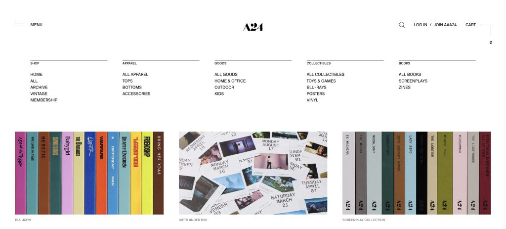 Screenshot from A24 web homepage.