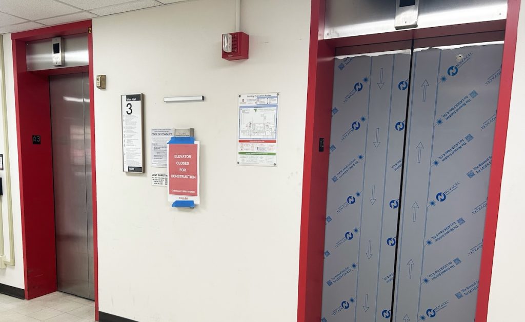 Elevator under construction on the third floor of Vilas.